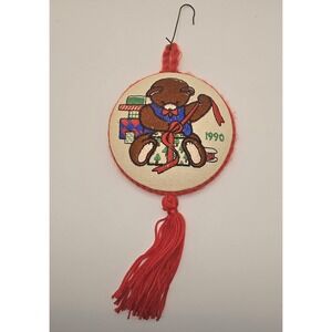 Vintage 1990 Handmade Embroidered Teddy Bear Christmas Ornament -805
